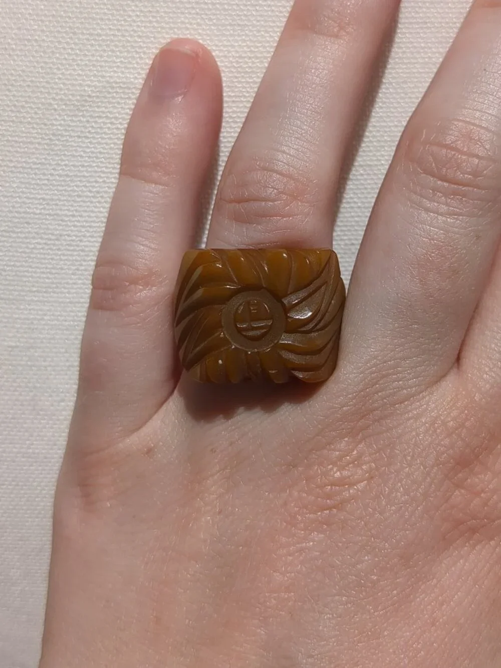 Vintage Carved Bakelite Ring • Butterscotch Olive • Art Deco • Tested Positive B